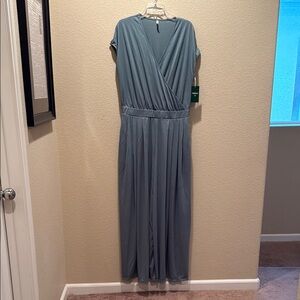 HALARA Teal Ruched V-Neck Wide leg Jumpsuit